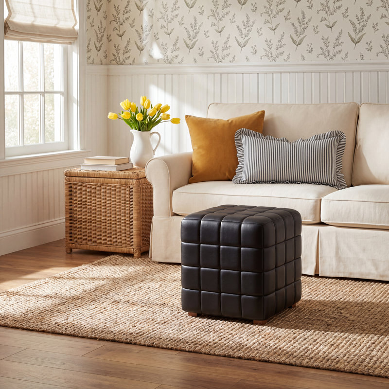 Giana Leather Ottoman, Black