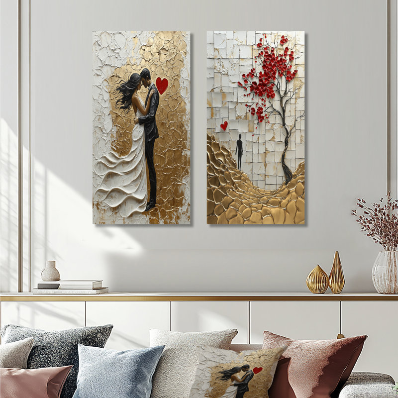 Or, rouge, tango argentin, couple romantique, ensemble d'art mural 2 pièces, Toile tendue, H 28 po x l 24 po