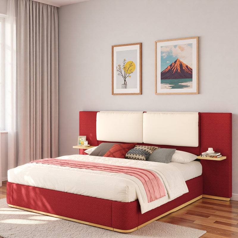 Lit plateforme tapissier avec tablettes, Très grand lit, Rouge / Beige