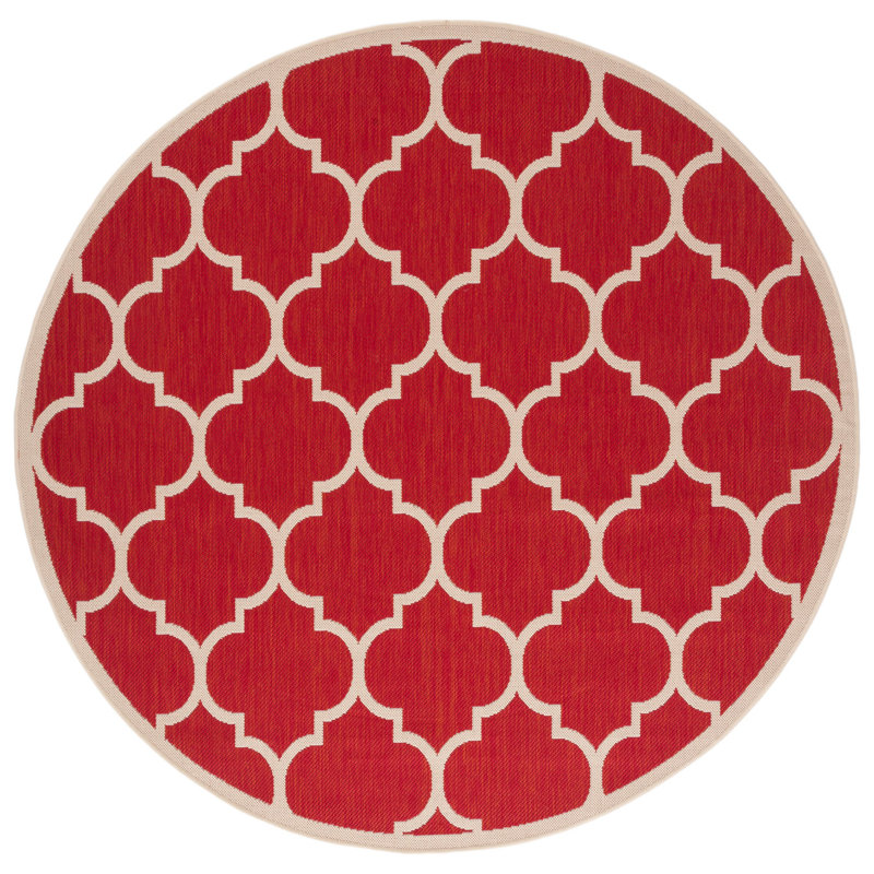Tapis d'intérieur / extérieur à motif géométrique rouge / beige Arneshia, Rond 7 pi 1 po