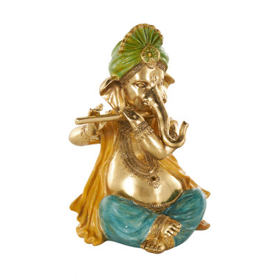 Cole And Grey Resin Musician Ganesh Decorative Sculpture With Green, Yellow, And Teal Accents