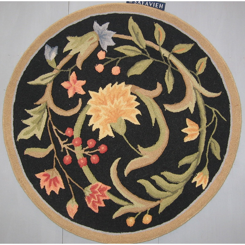 Tapis noir / beige en laine crocheté à la main à motif floral Hollander, Rond 10 pi