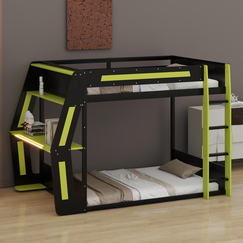 Gaming Bunk Bed With Side-Mounted Oversized RGB Desk, Green