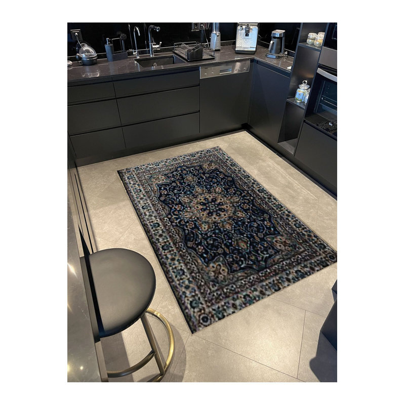 Tapis décoratif bohémien à motif traditionnel bleu marine et beige, Sous-tapis rectangulaire 3 pi 11 po x 5 pi 11 po i