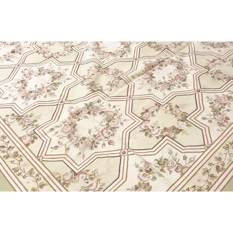 Tapis beige et vert noué à la main de haute qualité