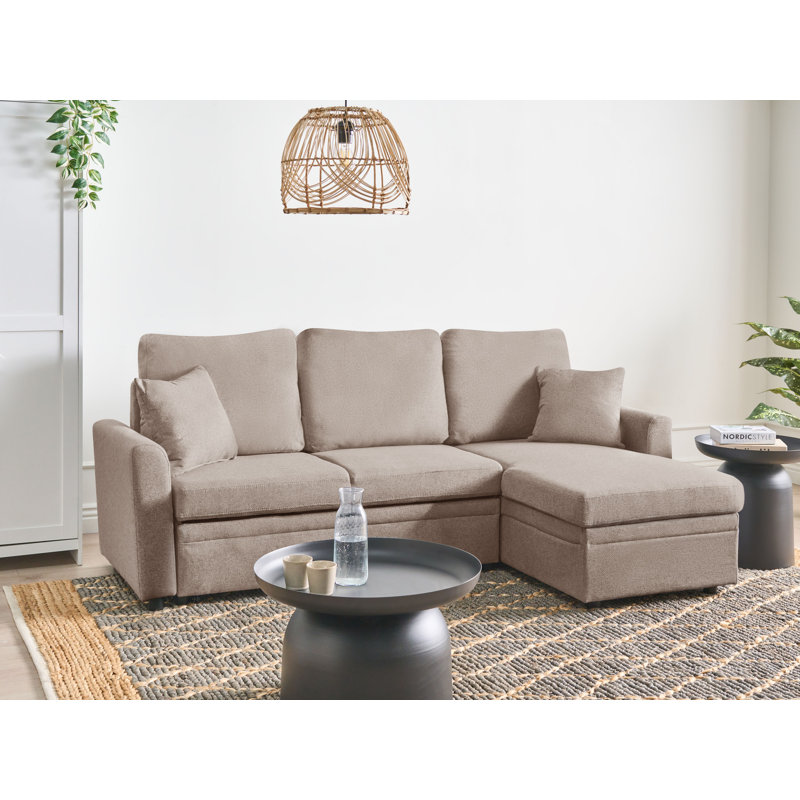 Corner Sofa Bed NASSJO Faux Linen Light Beige 3 Seater, Right Hand Facing, Brown
