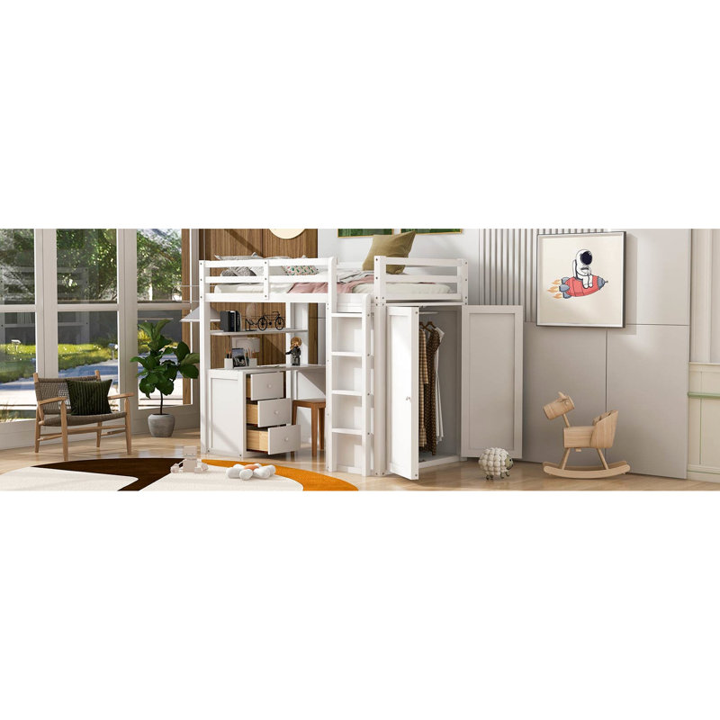 Twin Loft Bed In White With Wardrobe And Desk. Construction Materials. Enhance Your Bedroom. 44"W X 65"H 78.3"L Size Desk - White. Solid For Durability. Optimize Space.