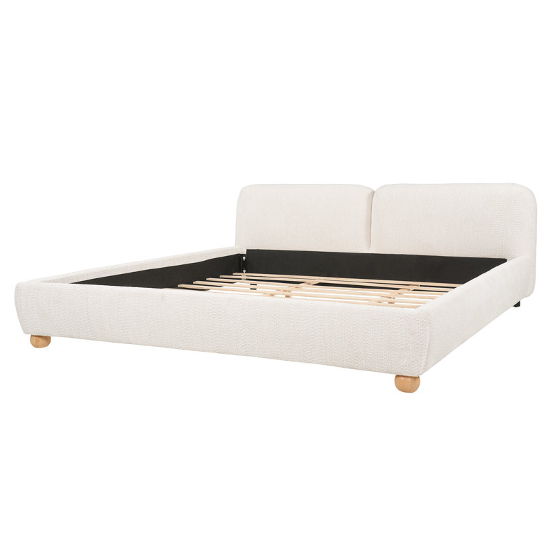 Lit plateforme capitonné bouclé, de format king, avec tête de lit incurvée de 20 cm d'épaisseur, pieds arrondis en hévéa massif et lattes en bois, sans sommier, beige