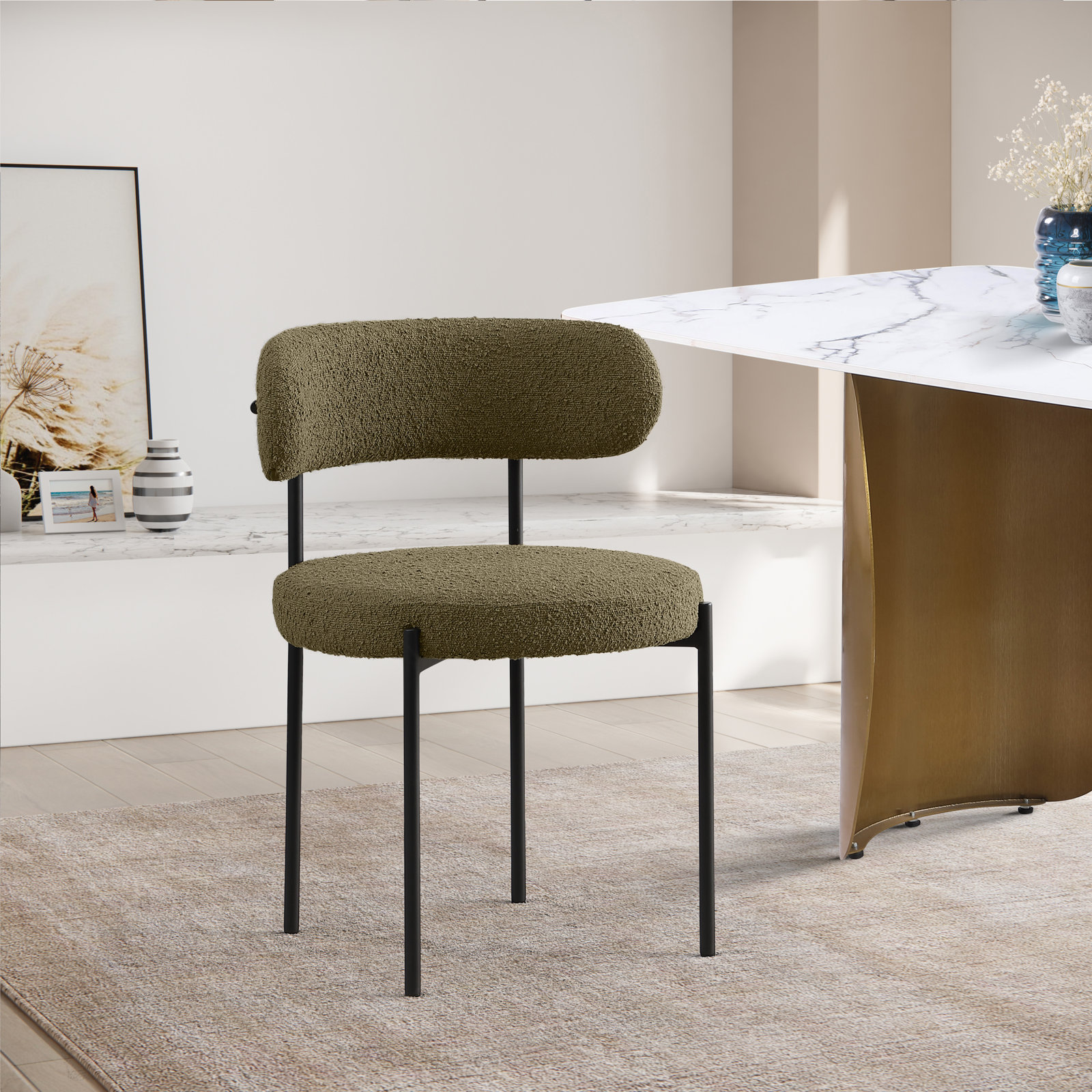 Sherwood Solid Back Boucle Side Chair, Olive Boucle, Matte Black