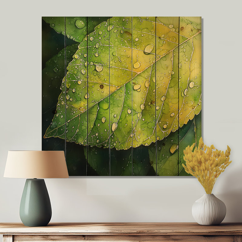 Green Dewy Morning Leaves I - Impression sur bois de feuilles - sur bois de pin naturel, H 15 po x l 15 po x P 0,78 po