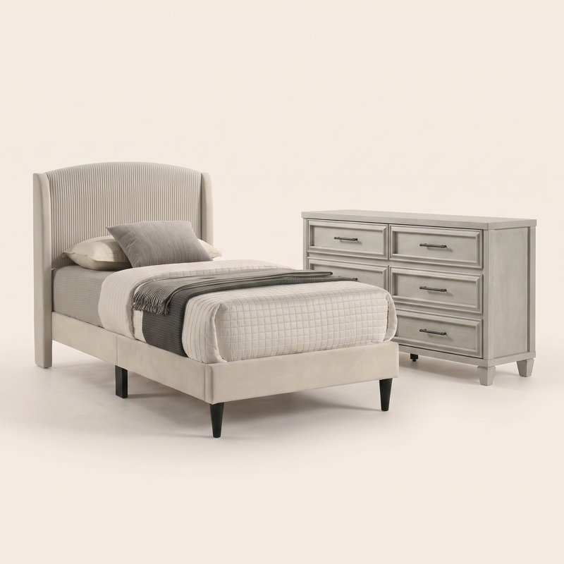 Jolande Contemporary 2 Pieces Bedroom Set, Twin, 2 Pcs: Bed, Dresser