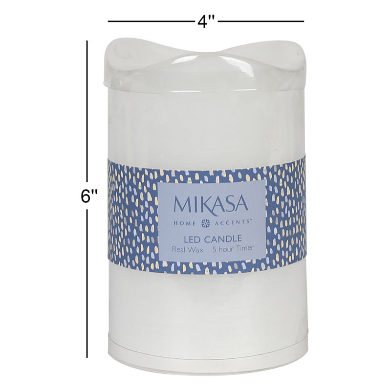 Mikasa Wavy Top LED Unscented Wax Flickering LED Pillar Candles, 6"L x 4"W