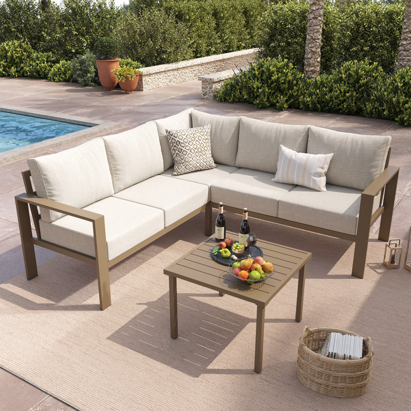 6 Pieces Metal Outdoor Sectional Furniture, Beige, Brown Wood