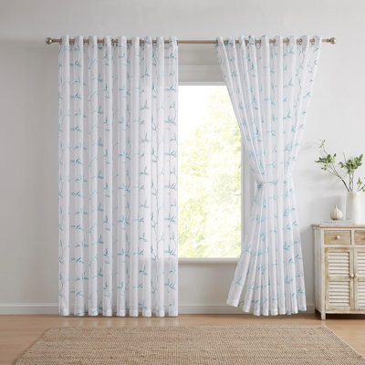 Pair Of Extra Large Sheer Room Divider Curtains With Leaf Embroidery