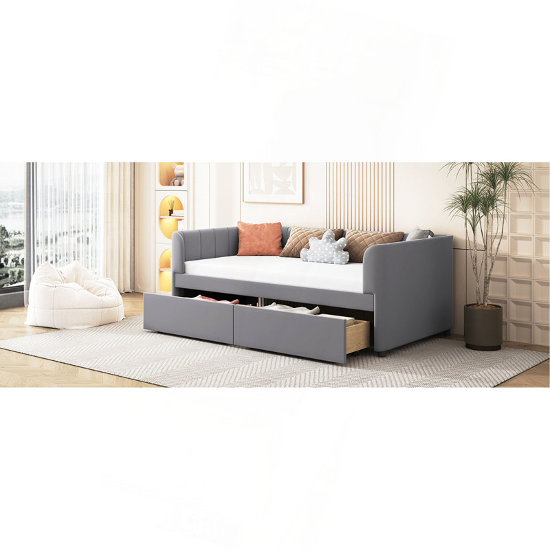 Lit de jour simple rembourré avec dossier ergonomique et 2 tiroirs, Gris