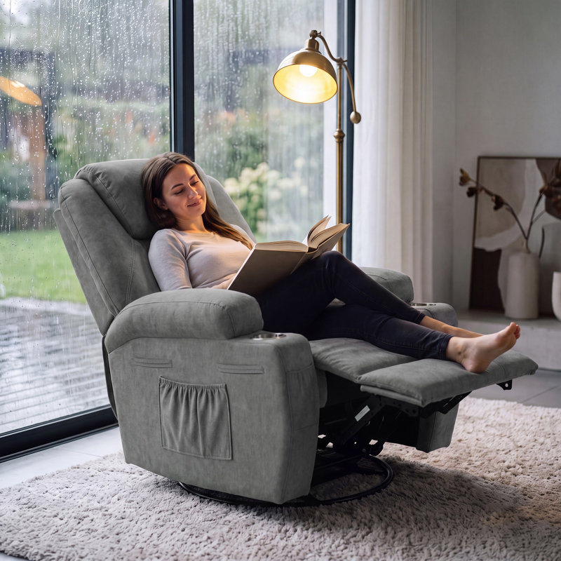 Reclining  Massage Chair with Swivel and Rocking Function, Gray Fabric