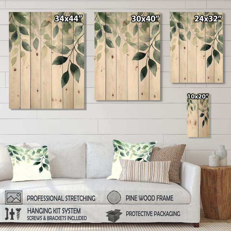 Plantes botaniques vertes minimalistes III - feuilles, art mural sur bois de pin naturel, H 40 po x l 30 po