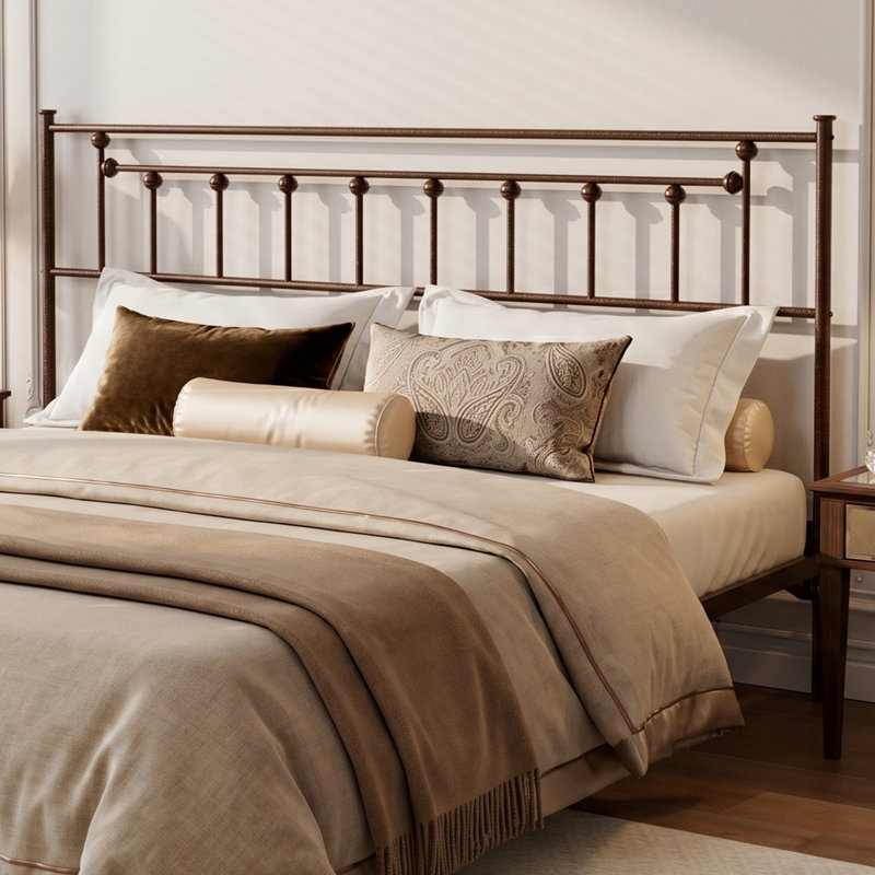 Metal King Size Headboard, Adjustable Height, Sturdy Steel Headboard Only For King Size Bed, Farmhouse Victorian Style, Easy Assembly, Attach Frame, Brown