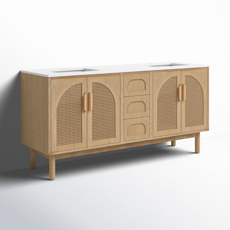 Emir 72'' Natural Oak Veener Plywood Bathroom Vanity with Engineered Quartz Top, Yellow
