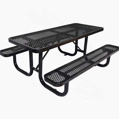 6 pi Table de pique-nique rectangulaire en acier pour l'extérieur, avec mât de parasol