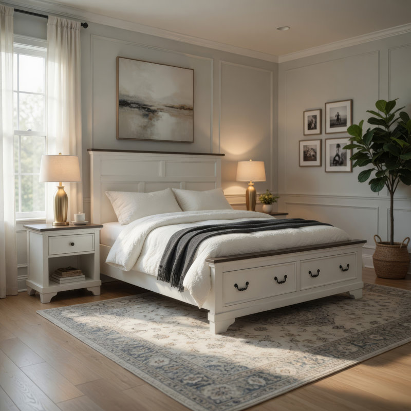 Lit Hamps, 2 tiroirs, structure en bois massif blanc et brun foncé, Grand