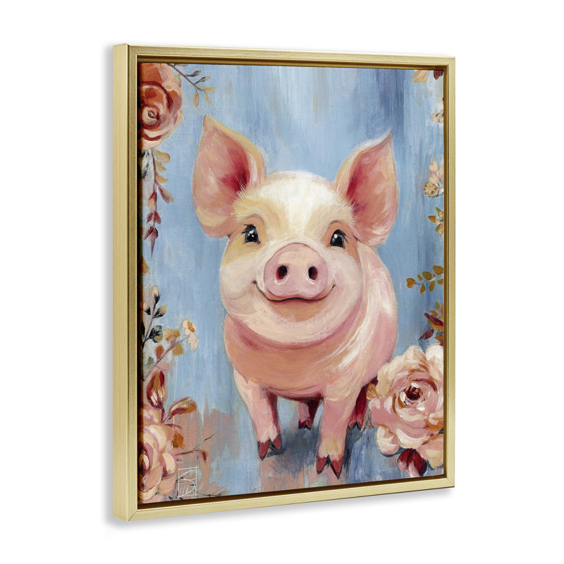 Cadre flottant souriant cochon et fleurs, design par Sara Culpepper, H 31 po x l 25 po, Cadre flottant métallique doré