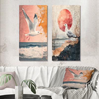 «Coastal Seagull Golden Rose Sunset Elegance I», art sur toile 2 panneaux