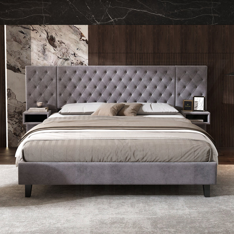 Lit plateforme tapissier moderne en velours avec 2 tables de chevet, Gris
