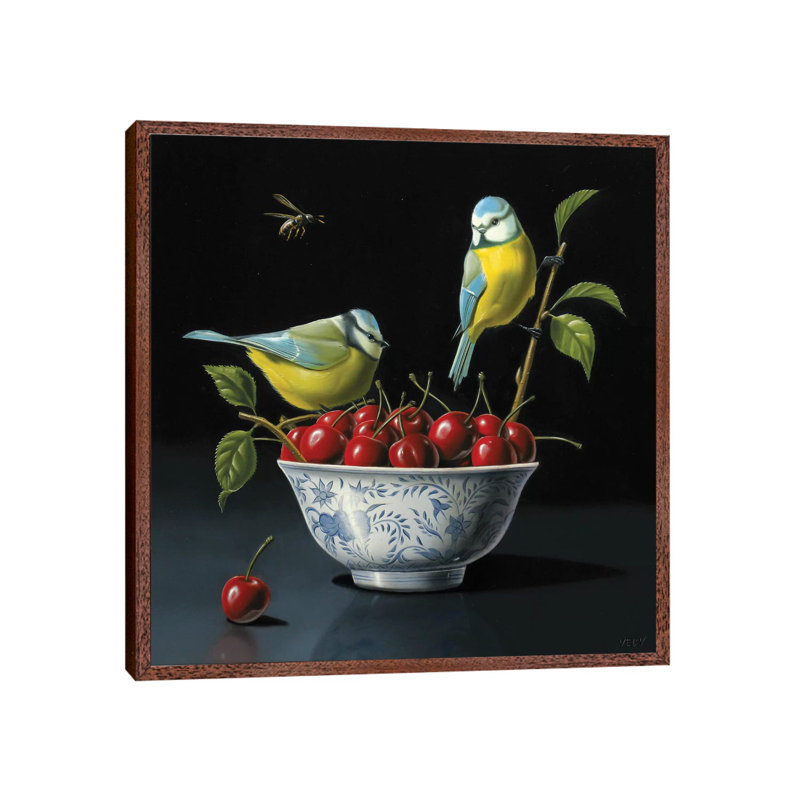 Both Tits And Cherries by Valéry Vecu Quitard - Painting on Canvas, 45.72cm H x 45.72cm W x 3.81cm D