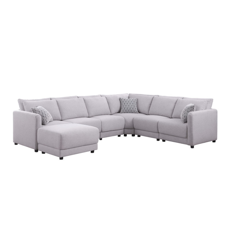 Modern Sofa Penelope 120" Linen Fabric Reversible 7PC Modular Sectional Sofa With Ottoman And Pillows