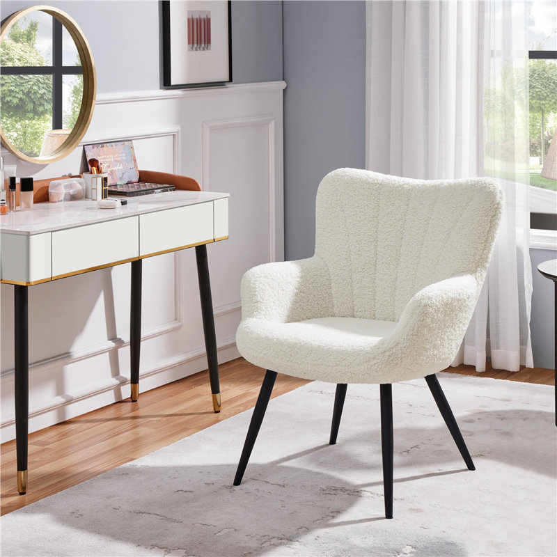 color 125kg Load Capacity Modern Accent Chair with Wing Side and Metal Legs, Black, Ivory Boucle
