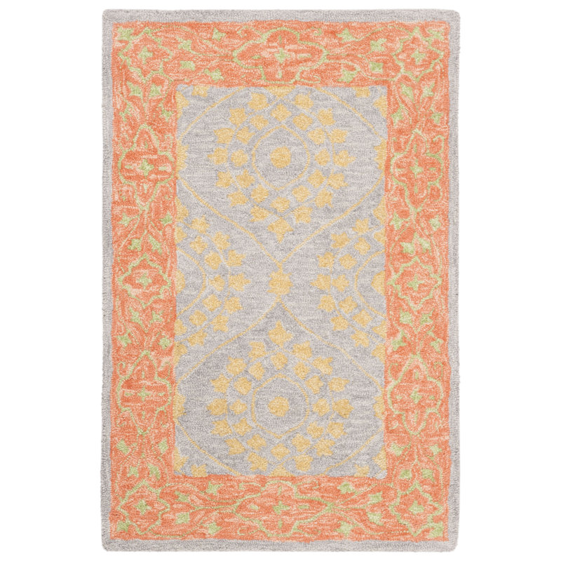 Guzi Hand Hooked Wool/Cotton Floral Rug in Orange/Silver, Rectangle 3' x 5'