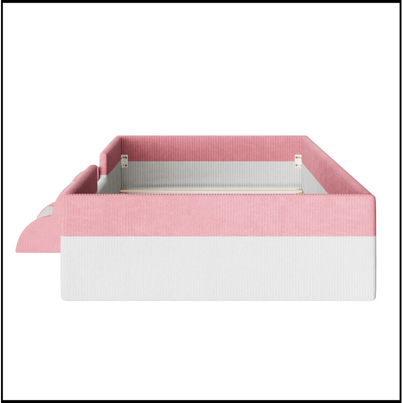 Lit simple tapissier avec clôture, marches à 2 niveaux et DEL intelligente, Pink+White