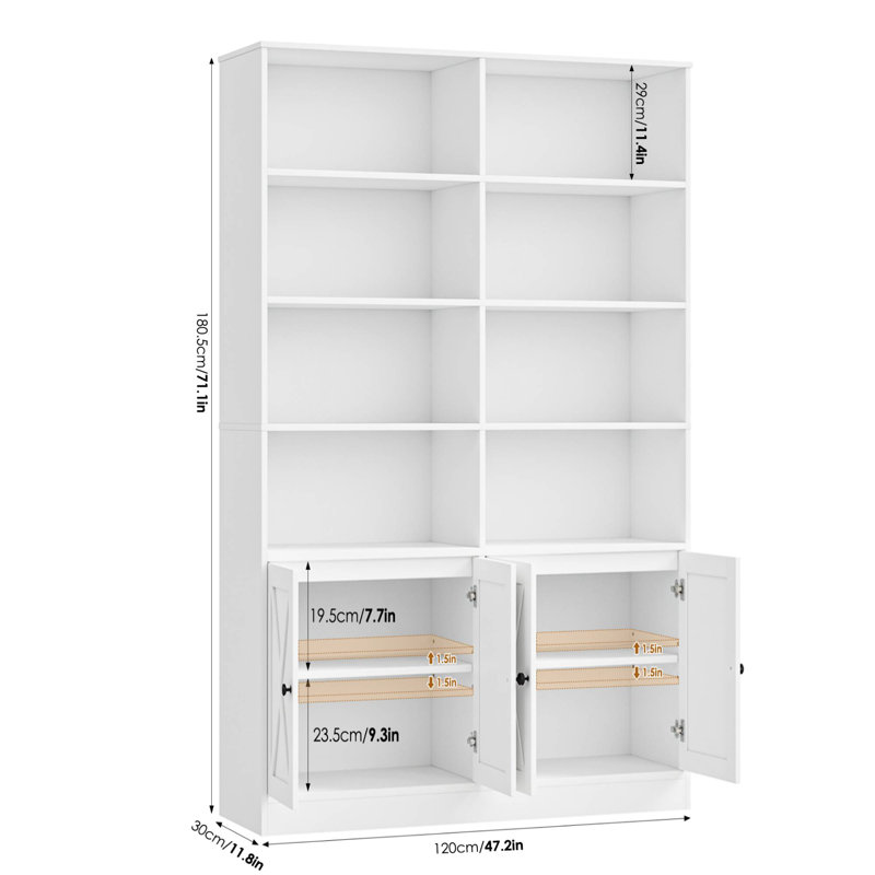 71.1"H X 47.2"W Standard Storage Bookcase with Doors and 8 Open Shelves, Modern Wood Organizer, White