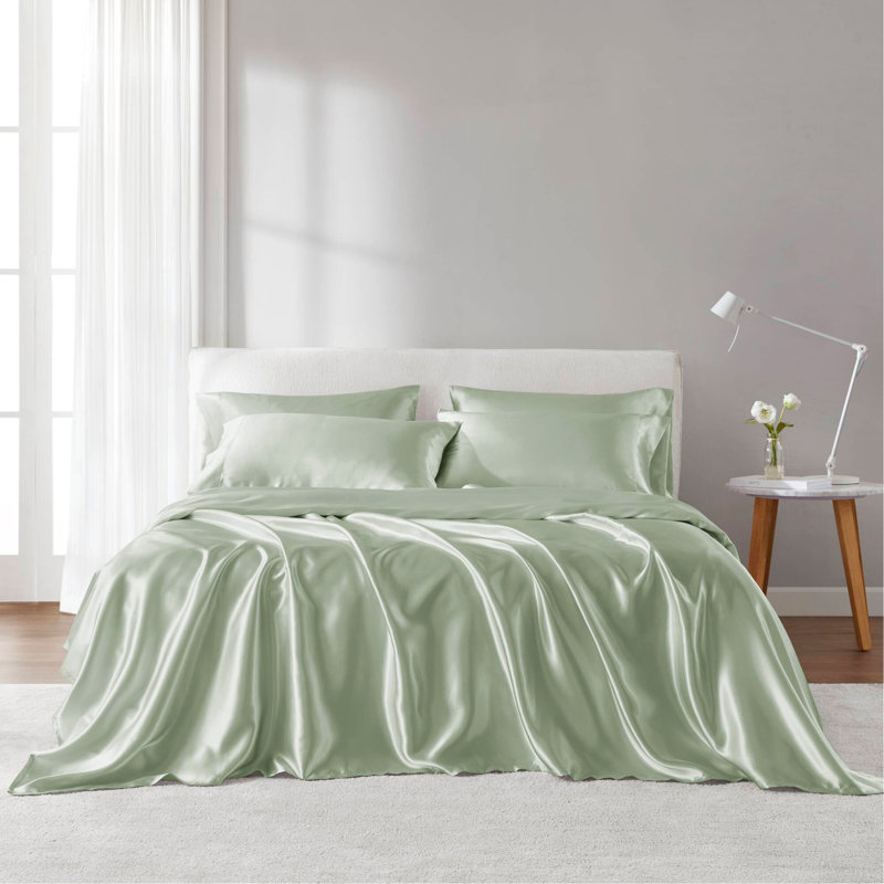 Ensemble de draps en satin de luxe, Couvre-lit très grand + 5 pièces supplémentaire, Vert