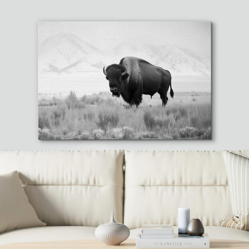 Vache animaux monochromes majestueux bison en hiver, nature, paysage, moderne, chic sur toile, H 12 po x l 18 po