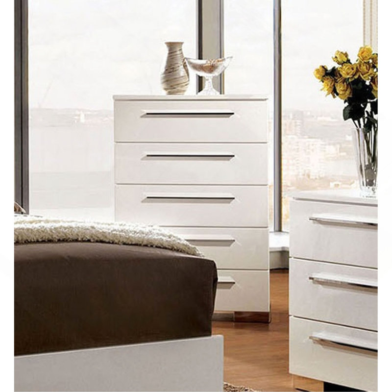 Commode 1Pc de style contemporain avec cinq tiroirs à queue d'aronde anglaise, poignée et pieds chromés, roulement à billes en métal, revêtement ultrabrillant brillant