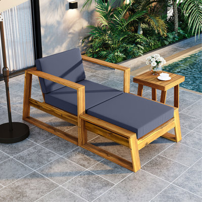 Acacia Wood Outdoor Lounge Set - Chair And Ottoman With Removable Cushions, All-Weather Outdoor Chaise Lounge/Daybed, Perfect For Patios, Balconies, And Gardens