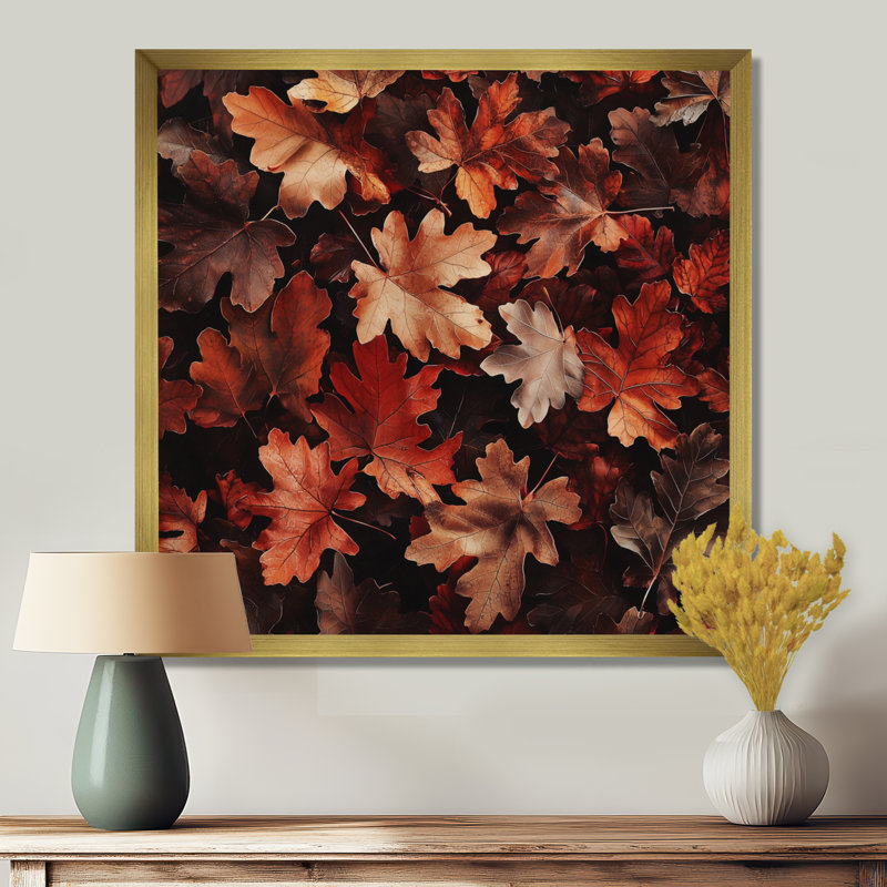 «Red Falling Oak Leaves II», reproduction d'art sur toile florale, H 36 po x l 36 po, Reproduction encadrée d'une seule photo