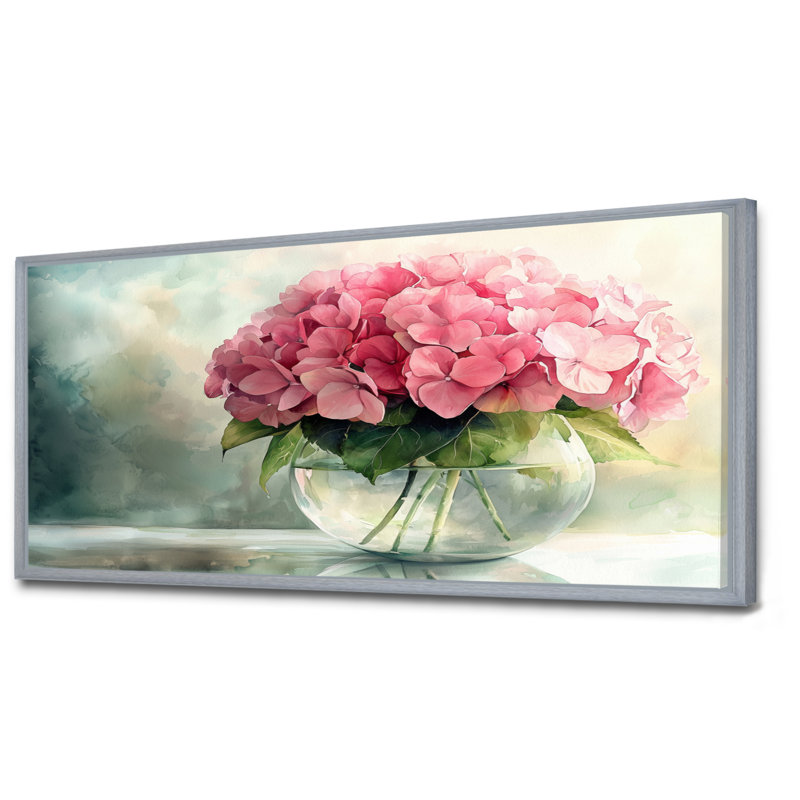 Jacquese Hydrangeas In A Glass Vase I - Hydrangea Wall Art, Argent, H 28 po x l 60 po, Impression encadrée flottante