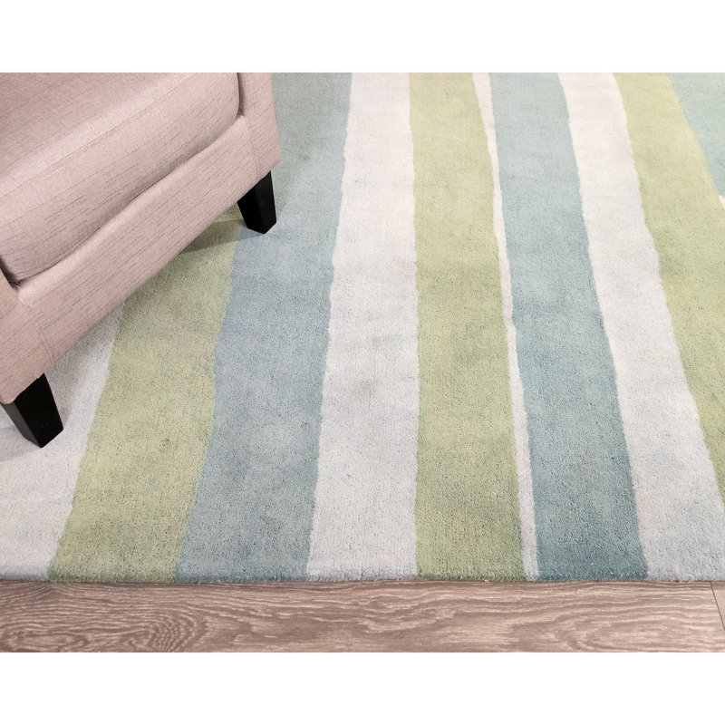 Tapis rayé bleu en laine touffeté à la main Mullican, Rectangle 3 pi 6 po x 5 pi 6 po
