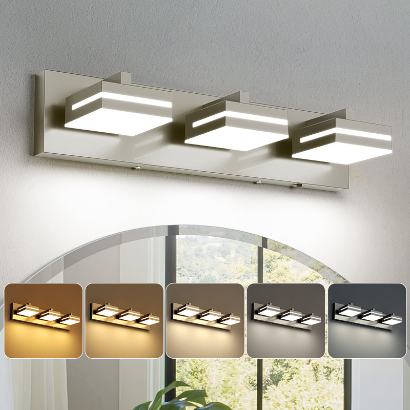 Luminaire de salle de bain moderne à DEL à intensité variable sur miroir 5CCT, Nickel brossé, Trois lumières