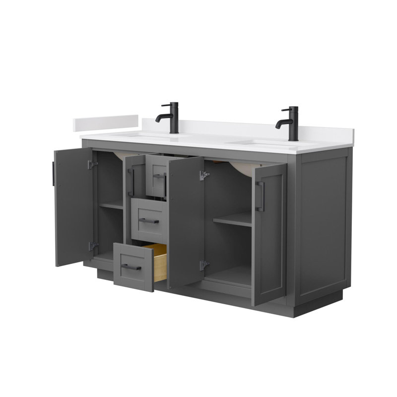 Miranda 60" Freestanding Double Bathroom Vanity with Cultured Marble Top, Dark Gray, Matte Black, White Cultured Marble