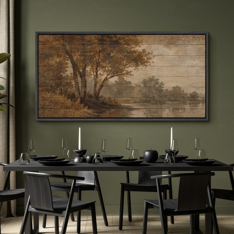 Sépia, montagne, forêt, rivière, paysage, paysage rétro, impression murale, H 30 po x l 60 po x P 1,5 po, Noir