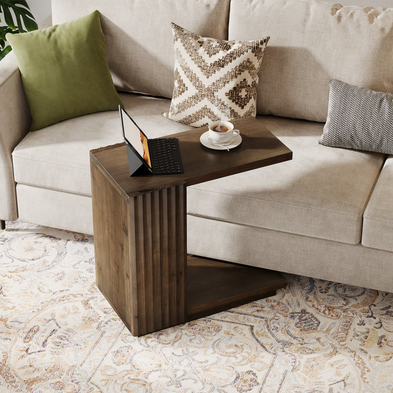 Solid Wood End Table, C-Shaped Side Table for Sofa, Bed