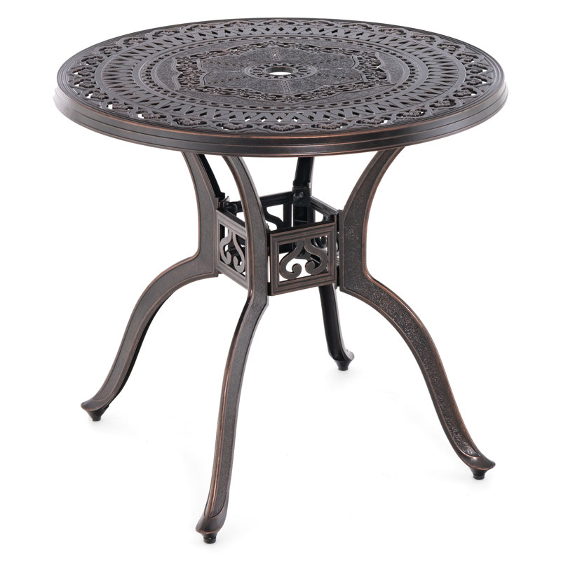 Rustproof Weather Resistant Scratch Proof Heavy Duty 31.5 Inch Cast Aluminum Round Patio Dining Table With Pre Drilled Umbrella Hole And Stable Non Slip Base For Backyard Garden