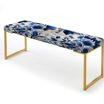 Cobalt Blue Acanthus Leaves Victorian Pattern I - Floral Upholstered Gold Bench