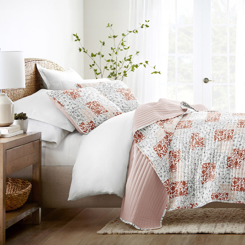 Ensemble de couvre-lit courtepointe en microfibre réversible à motif toutes saisons en patchwork ultra doux, Rose