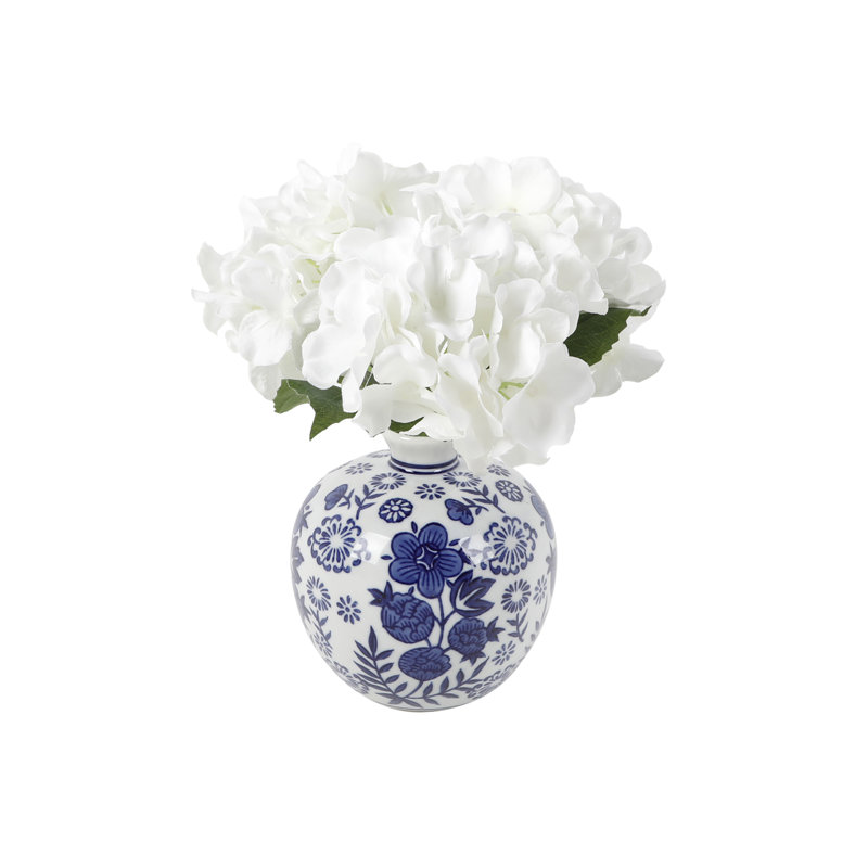 Hydrangea Arrangement in Vase, White, 10.5" H x 7" W x 7" D, Blue