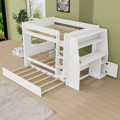 Full Over Full Wooden Frame Bunk Bed With Desk And Trundle